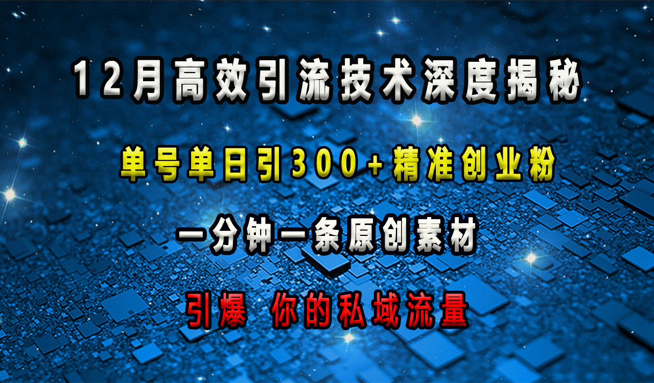 12月高效引流技术深度揭秘 ，单号单日引300+精准创业粉，一分钟一条原创素材，引爆你的私域流量-云舒网创