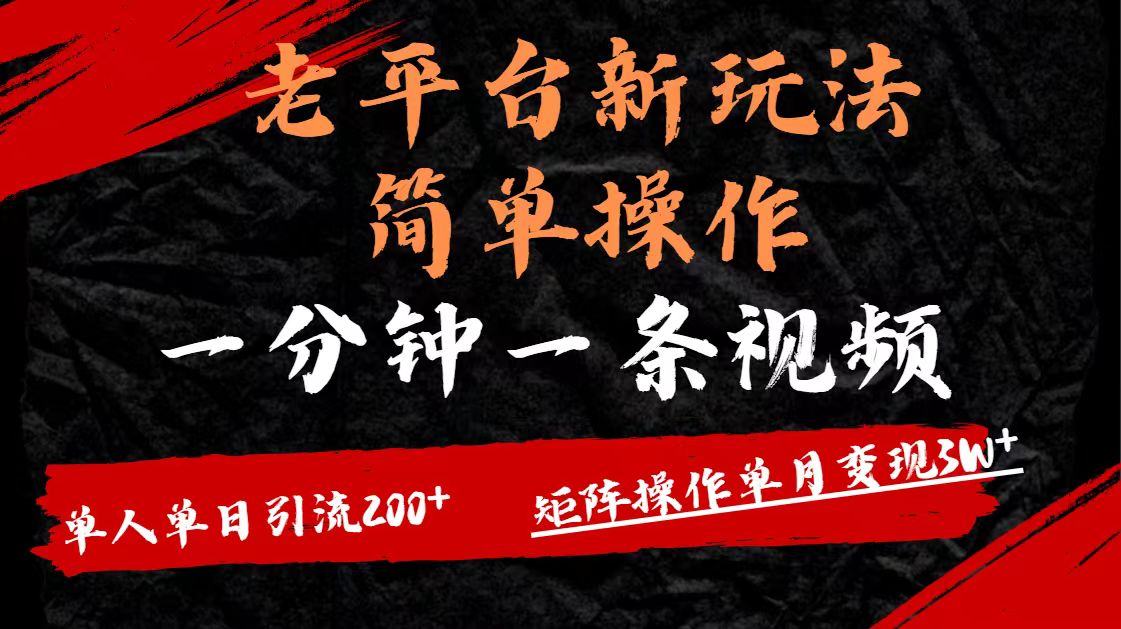 老平台，新玩法，简单操作，一分钟一条视频，单人单人引流200+矩阵操作，单月变现3W-云舒网创