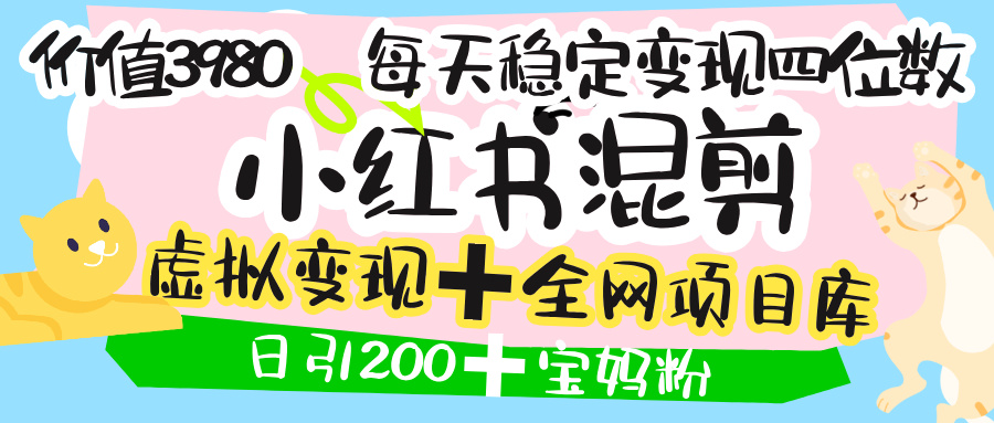 价值3980的小红书混剪， 虚拟变现 ＋全网项目库 ， 日引200+宝妈创业粉，每天稳定四位数变现-云舒网创