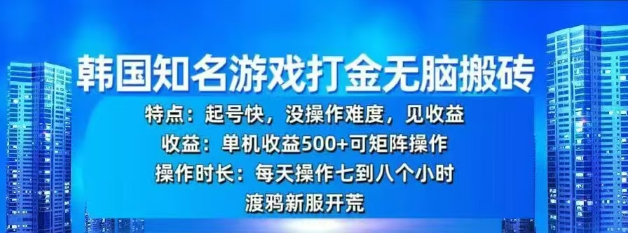 韩国知名游戏打金无脑搬砖，单机收益500+-云舒网创