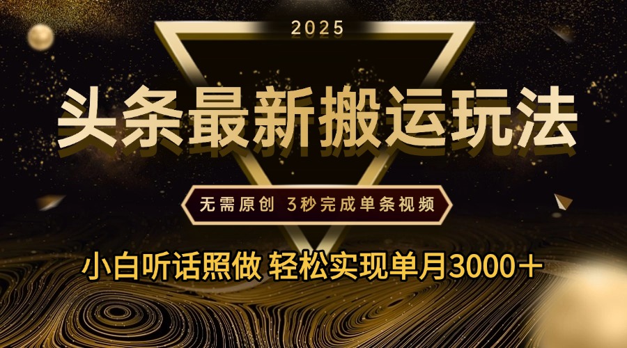2025年今日头条最新搬运玩法，无需原创3秒完成视频轻松实现单月3000＋-云舒网创
