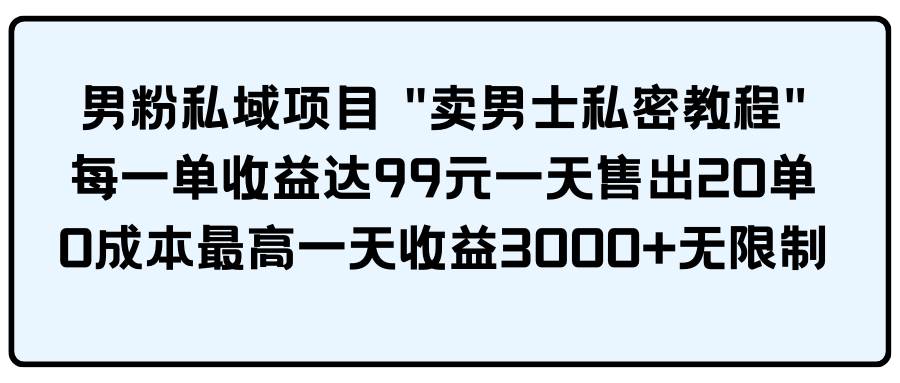 男粉私域项目 卖男士私密教程 每一单收益达99元一天售出20单-云舒网创